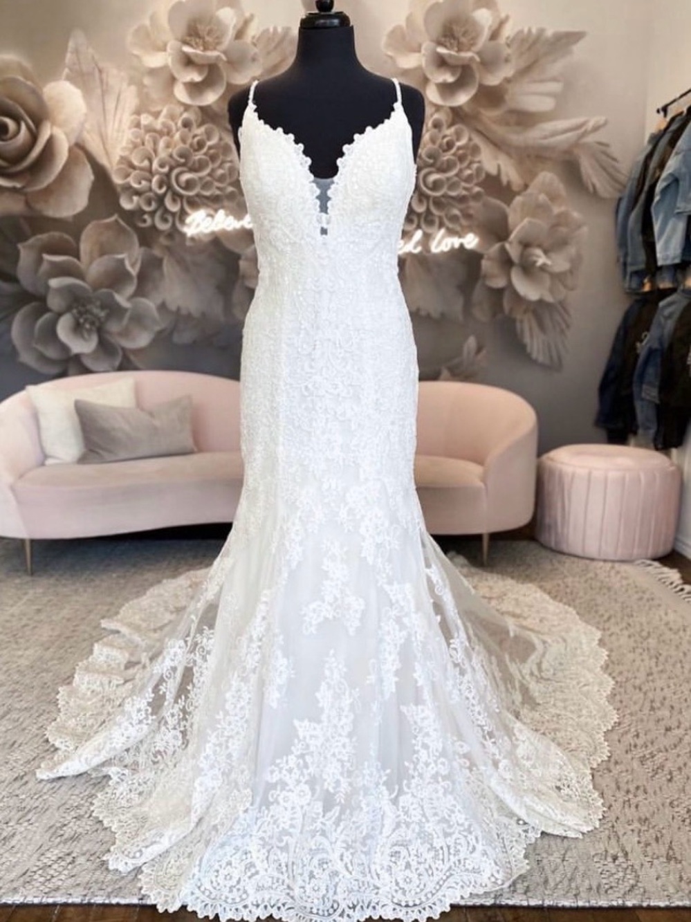 Ivory Lace Mermaid Bridal Gown with Spaghetti Straps -size 10